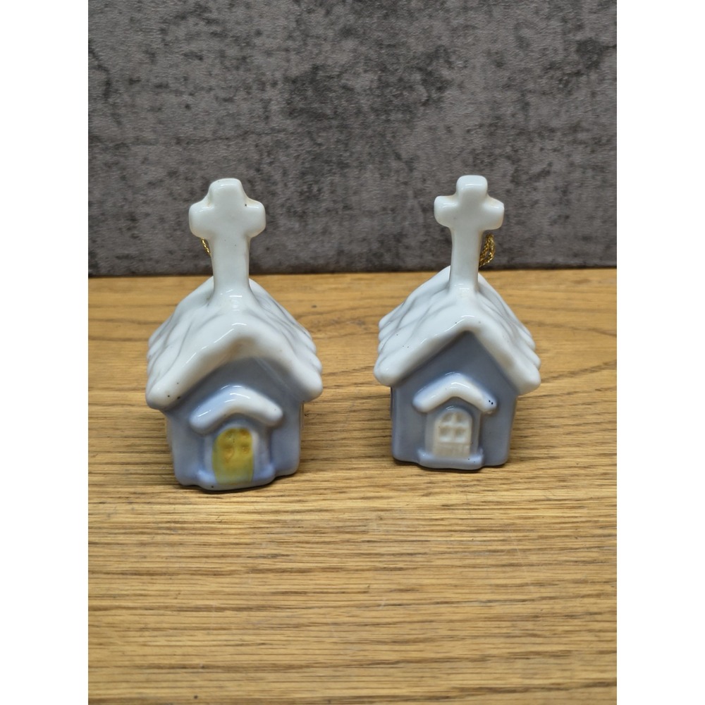 Set Of 2 Vintage Little Church Figurine Blue Bell Cross Handle